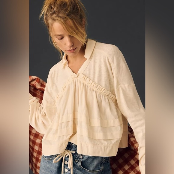 NWT Anthropologie Long Sleeve V-Neck Babydoll Top Medium - Picture 1 of 5